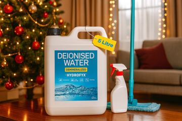 HYDROFYX 5 litre deionised water used for Christmas cleaning, streak-free windows and festive home preparation by The Somerset Clearwater Company.