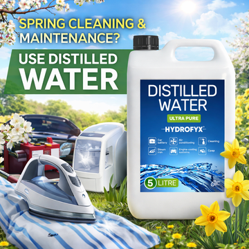 Spring cleaning uses for distilled water in the UK – 5 litre Hydrofyx container shown with steam iron, car battery and CPAP humidifier