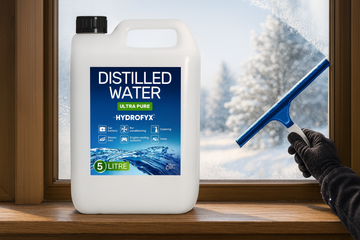 HYDROFYX 5 litre distilled water used for winter window cleaning, streak-free results, pure water from The Somerset Clearwater Company.