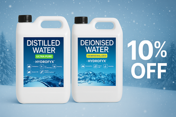 HYDROFYX distilled and deionised water 5 litre bottles with winter background and 10% off offer