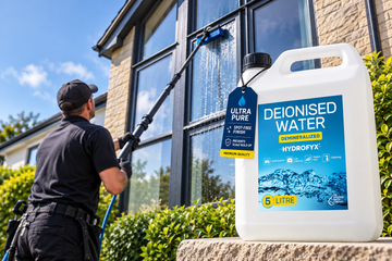 Professional window cleaner using a water-fed pole alongside Hydrofyx 5L deionised water