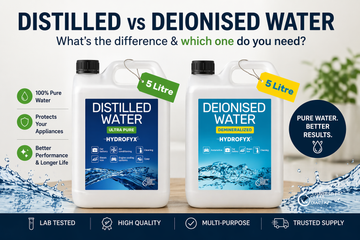 Distilled vs deionised water comparison UK showing 5 litre containers and key differences for cleaning and water purity