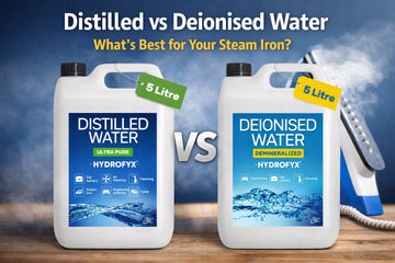 5 litre distilled vs deionised water for steam irons UK comparison Hydrofyx bottles
