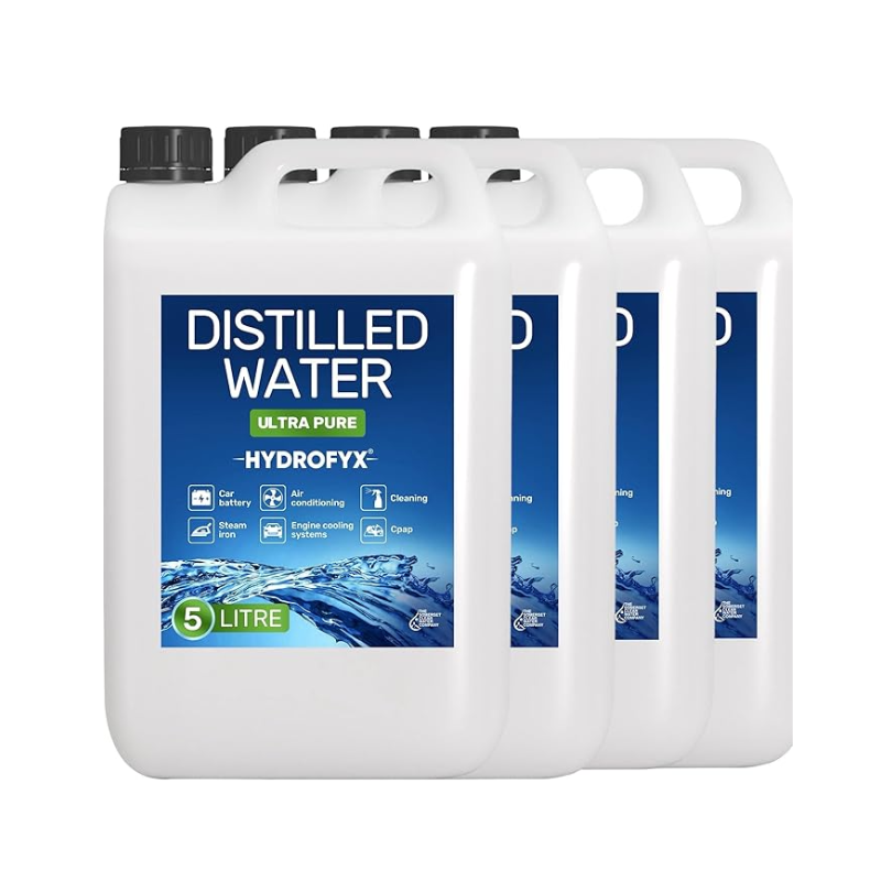 4 pack HYDROFYX 5L distilled water bottles – 20 litres of certified 0ppm distilled water for irons, humidifiers and CPAP use