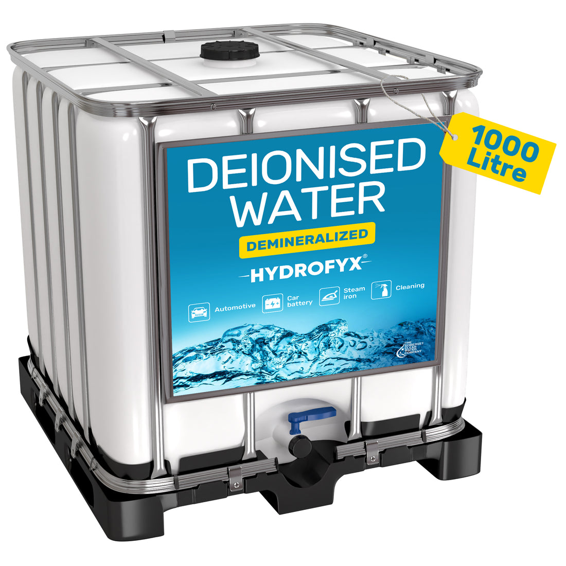 HYDROFYX 1000 litre deionised water IBC container, supplying bulk demineralised water for automotive, car battery, steam iron and cleaning applications.