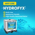 HYDROFYX deionised water 1000 litre IBC graphic highlighting key benefits including multi-use applications, appliance-friendly performance and high-quality deionised water.