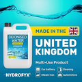 HYDROFYX deionised water made in the United Kingdom, shown as a multi-use product suitable for car batteries, steam irons, cleaning and automotive applications.