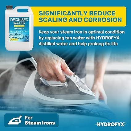 Steam iron in use showing how HYDROFYX distilled water helps significantly reduce scaling and corrosion and prolong the life of steam irons.