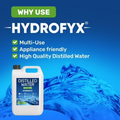 HYDROFYX distilled water graphic showing product benefits including multi-use, appliance-friendly performance and high-quality distilled water.