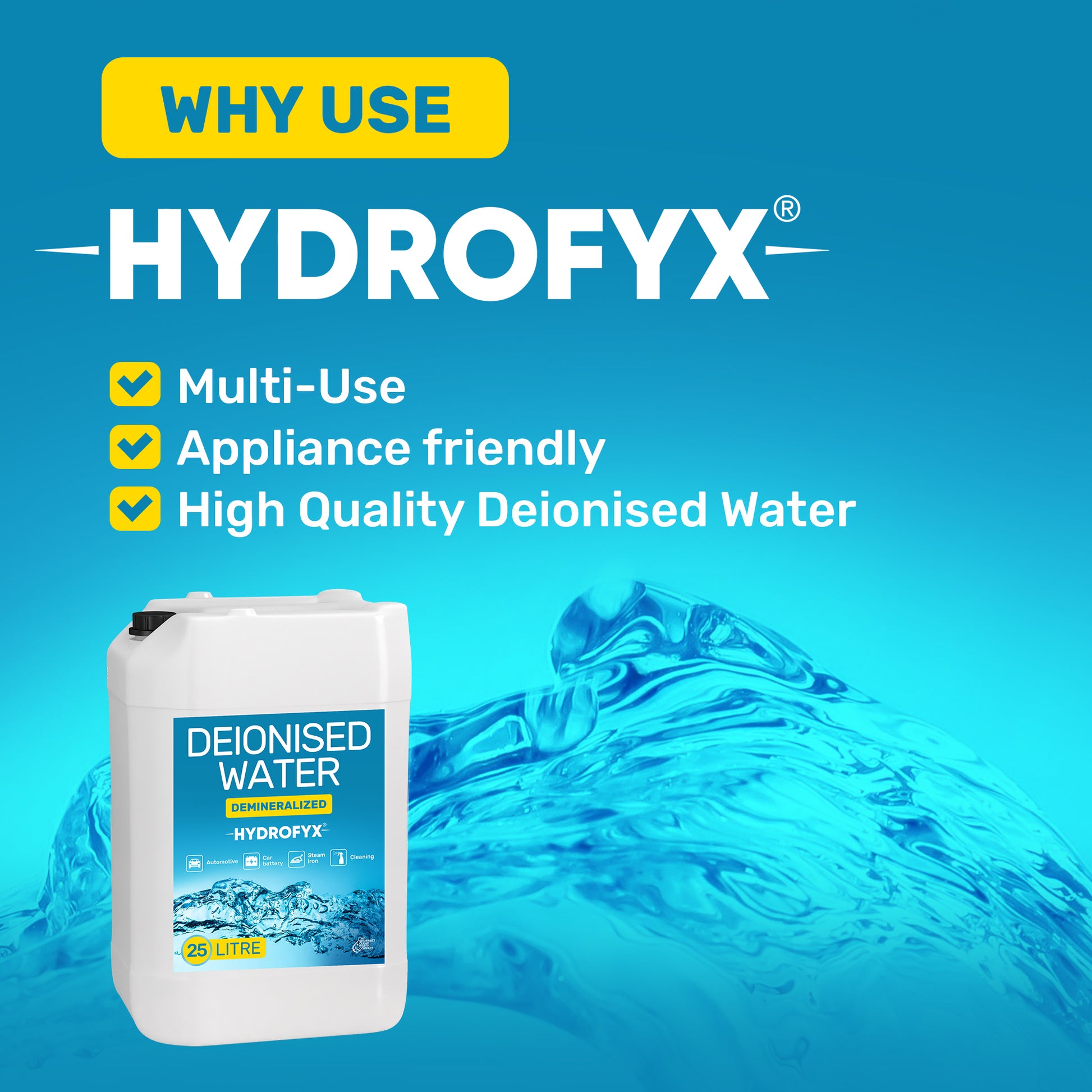 Deionised water for cleaning, autmotive and appliances preventing limescale and residue