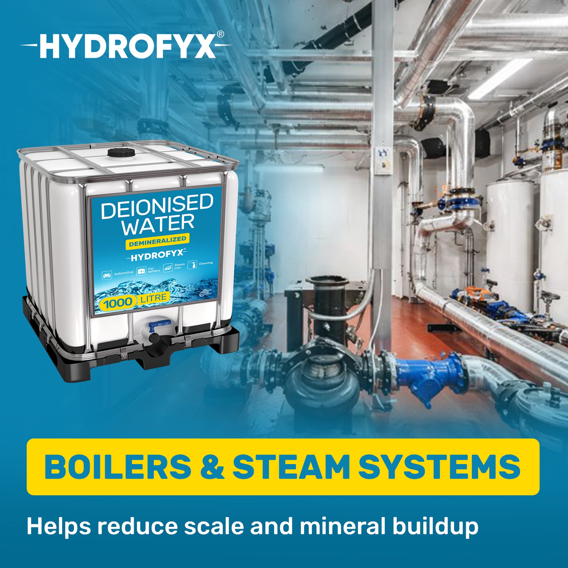 1000 litre deionised water for boilers and steam systems
