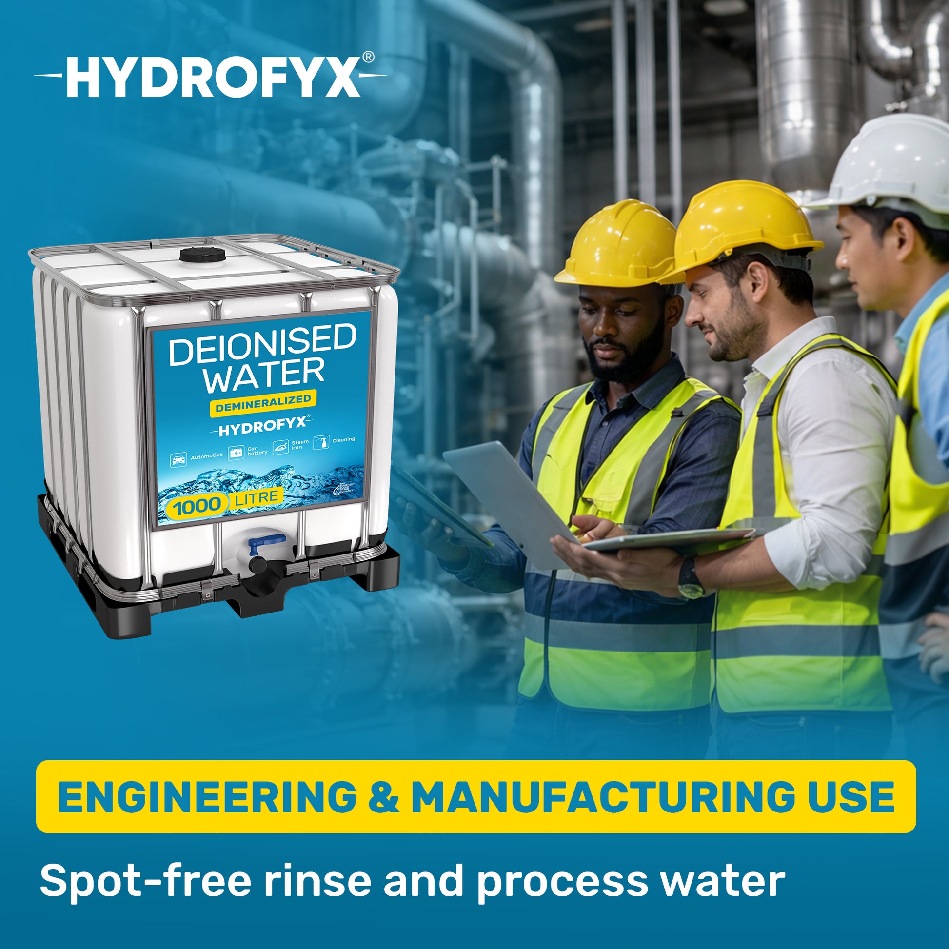 1000 litre deionised water IBC for engineering and manufacturing providing spot free rinse and process water