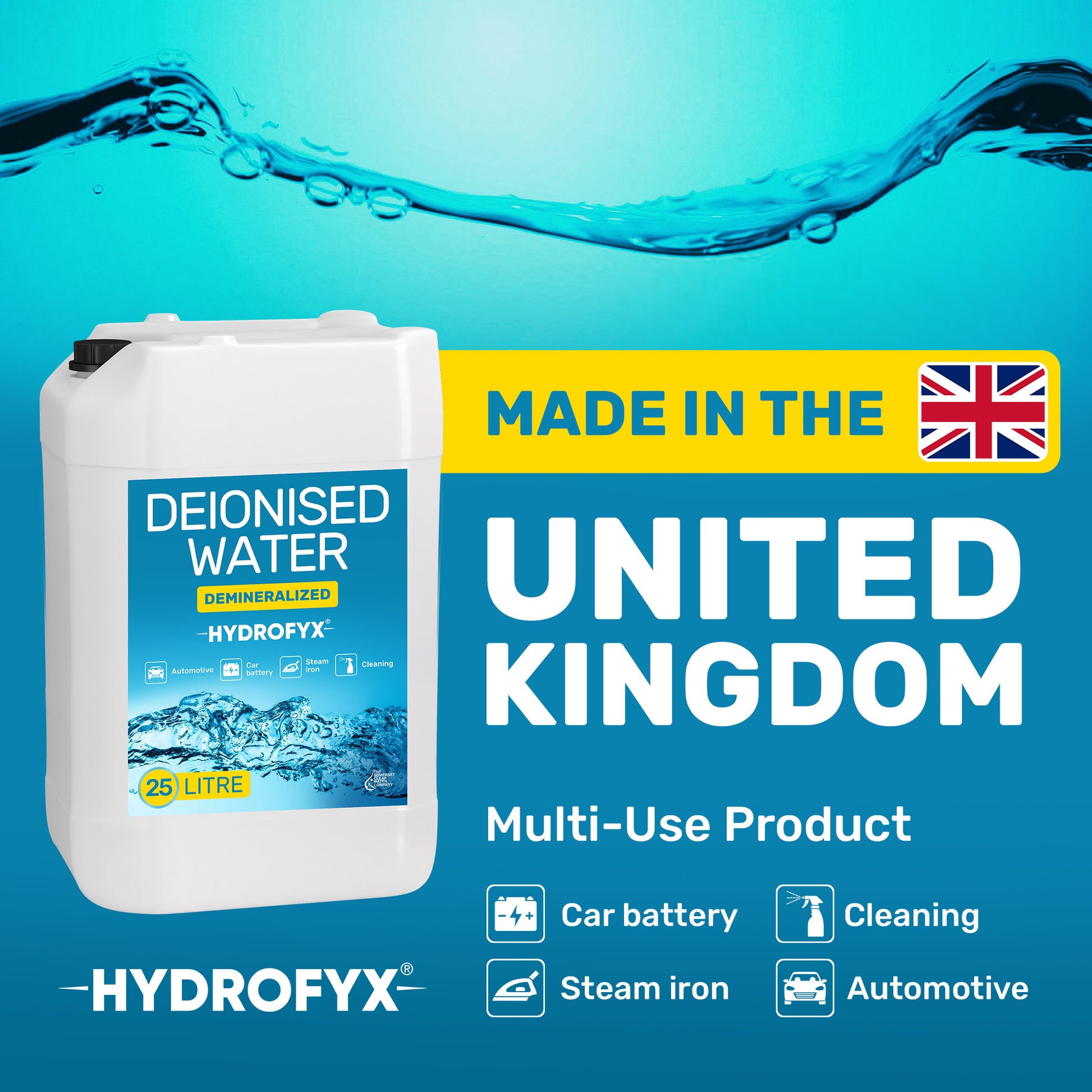 Deionised water made in the UK for cleaning, automotive and general use