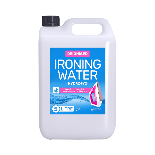 5 litre bottle of HYDROFYX deionised ironing water on a white background, showing pink and blue label promoting fragrance-free, softener-free formulation for steam irons.