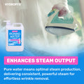 HYDROFYX deionised ironing water bottle next to a steaming iron, highlighting improved steam output and smooth wrinkle removal on fabrics.